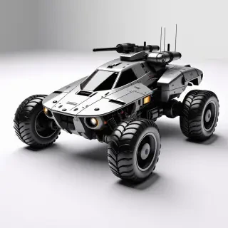 A futuristic combat vehicle with three spherical wheels and rocket pods, in a wide shot, with a metallic finish, on a plain white background, with dynamic shadows and a hard rim light, in a digital art style with bold lines and vibrant colors, with the vehicle's wheels and rocket pods prominently displayed, full-body view, wheels visible