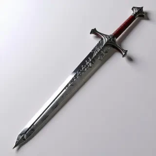 A maroon-colored, medieval broadsword with an intricately designed hilt, resting on a plain white background, full-body view, with the blade and hilt fully visible, in a wide shot, with a subtle backlight to highlight the textures of the metal, in the style of a digital illustration