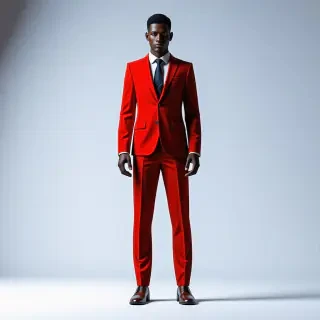 A full-body view of a red suit, with a wide shot, on a plain white background, with dynamic lighting and vibrant colors, in a digital art style, with the suit being the main subject and no other objects or characters in the scene, with a focus on the texture and details of the suit