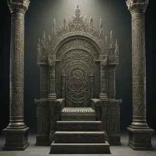 A majestic, ominous throne with intricate carvings, set against a dark, mystical background, with a predominantly khaki color scheme, in a dark fantasy style, with dramatic lighting, wide shot, full-body view, on a plain white background
