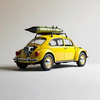 A yellow Volkswagen Beatle with a rocket engine strapped to the top of it