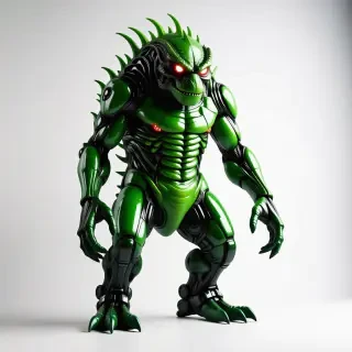 A large, green, industrial monster with metallic scales and glowing red eyes, standing in a wide shot with its feet visible, set against a plain white background, in a digital art style with dynamic shadows and a hard rim light