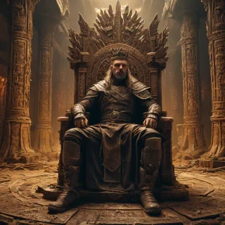 A tired king sitting in a majestic, brown, post-apocalyptic throne, with intricate carvings, in a wide shot, warm, golden lighting, digital art style