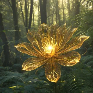 A vibrant, mythical flower that is a plant with delicate, swirling patterns and soft, glowing petals, full-body view, in a forest, with a warm, golden light shining down, in the style of a digital illustration, no humans