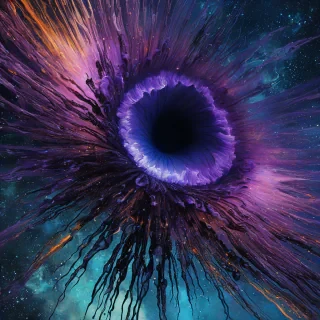 Digital art of a close up of a magical vortex shape like an iris, the vortex has a black hole in the center, with the iris edges being raised and textured with electric sparks, profile view, vibrant rainbow accent colors, dramatically billowing blue and purple space dust, Michael Whelan and Jeremy Mann influenced art styles, intense mood