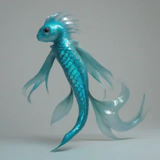 A full-body view of a vibrant, cyan-colored, anime-style underwater creature with iridescent scales, flowing fins, and large, shimmering eyes, set against a plain white background, in a wide shot, with the creature's entire body visible, including its tail and fins, in a dynamic pose, with soft, gentle lighting and subtle shading to accentuate its anime-inspired features, on a plain white background, even lighting 