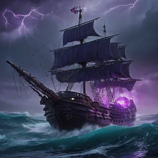 A 17th century style ship is in the raging stormy waters of the ocean, there are sci-fi elements on the ship such as a metal hull with glowing purple lights on it and a Jolly Rodger flag with a neon glowing skull on it, it is night time and the white caps of the waves wash over the ship as the storm overtakes it, lighting flashes visible in the clouds above
