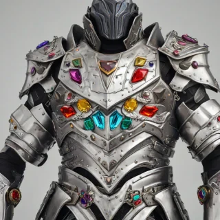 A stylized, chunky piece of body armor with embedded jewels, designed as a fun video game asset, featuring a wide shot with the armor's intricate details and colorful jewels on a plain white background, with a dramatic, muted lighting effect to accentuate its textures and vibrant colors, in a darker, ominous tone, with a masculine aesthetic, angular lines, and bold shapes., on a plain white background, even lighting