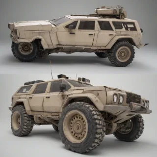 A tan, brutalist-style rover, with sharp edges and a rugged exterior, highly detailed, full-body view, wide shot, ultra realistic, on a plain white background, even lighting, on a plain white background, even lighting 