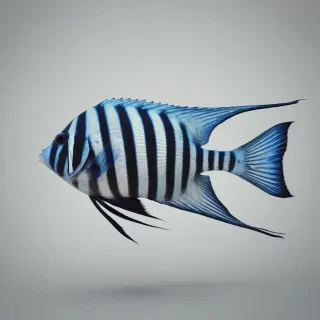 A blue and black striped angel fish, full-body view, swimming in a plain white background, with vibrant blue and black stripes, and large, flowing fins, in a wide shot, with soft, natural lighting, and a subtle gradient of blue and black hues, in a digital art style, with intricate details and textures, on a plain white background, even lighting 