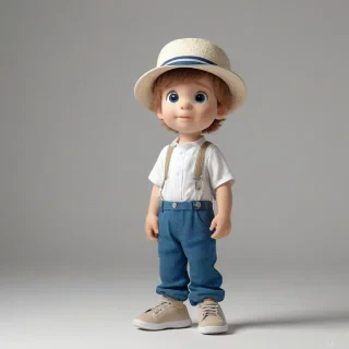 A precious moments style boy character, full-body view, with a teardrop eye, wearing blue pants with a white shirt with a hat, standing on a plain white background, with a warm and soft lighting, in a whimsical and dreamy style, with a wide-angle shot, and a focus on the character's facial expression, on a plain white background, even lighting