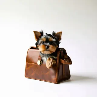 A vintage leather purse with a small Yorkie dog inside of it