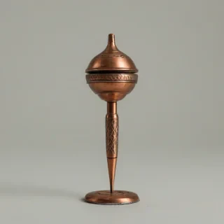 A vintage metal spinning top toy, full-body view, on a plain white background, with a wide shot, intricate details, and a warm, nostalgic color palette, made of copper with a subtle patina, and a rounded, symmetrical shape, with a small handle on top, and a smooth, reflective surface, in the style of a classic, vintage illustration, on a plain white background, even lighting 