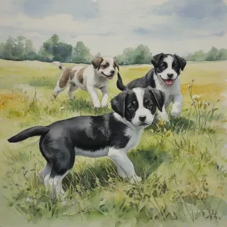 Watercolor of some puppies playing in a field