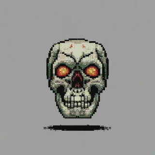 A very pixelated skull, full-body view, 8-bit style, on a plain white background, with a wide shot, and a low resolution, pixel art aesthetic, and a bold color scheme