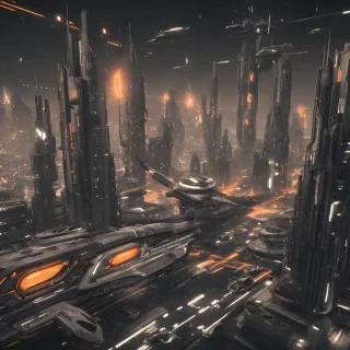Monochrome sci-fi city with flying cars, high-rise futuristic buildings, and orange lights