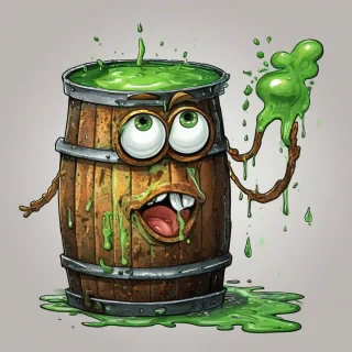 hand-drawn cartoon of a rusted 50-gallon metal barrel with green goo flowing out of it, big eyes, happy expression, bright, even lighting, on a plain white background