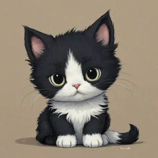 Ghibli style of a black and white kitten