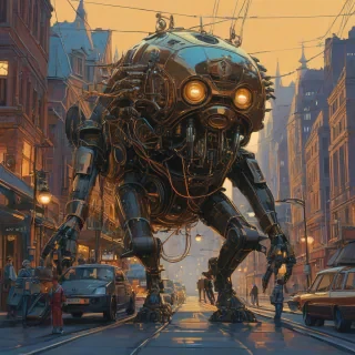 Retro futurism art of a large steampunk creature with exposed copper wiring and brass fixtures attached to its body, with wires swinging downwards as small steampunk vehicles drive underneath its legs, inspired by Syd Mead, in a city with visible metal shine and ornate gears, with gas lamps and old-fashioned streetlights illuminating the scene, in the style of Syd Mead, Syd Mead-inspired, or Syd Mead style