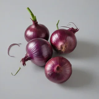 Three red onions, bunched together by the green stems, full-body view, on a plain white background, with natural lighting and a slight sheen to the onions' skin, in a realistic and detailed style, with the onions' texture visible, on a plain white background, even lighting