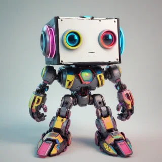 A cute, video game robot with a stumpy body, big eyes, and a cubic face, standing in a full-body view with its feet visible, on a plain white background, in a comic book art style with bold neon lines and bright colors, with a wide-angle shot and bright lighting, on a plain white background, even lighting 