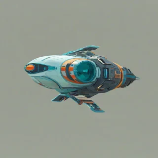 A colorful 3D cartoon style illustration of a flying object, such as a futuristic spaceship, with a wide shot view, with bold lines and vibrant colors, with the flying object prominently displayed and its details clearly visible, on a plain white background, even lighting