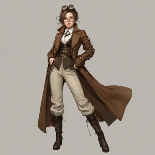 A full-body view of an anime girl named Indigo, dressed in a Steampunk outfit with goggles on her forehead, wearing a long brown coat with brass buttons, a white shirt with billowy sleeves, and a pair of brown pants with brass accents, standing on a plain white background with a wide-angle shot, incorporating a mix of digital art and watercolor styles, with dynamic shadows and a hard rim light, and a slight blur effect to give it a sense of movement, on a plain white background, even lighting