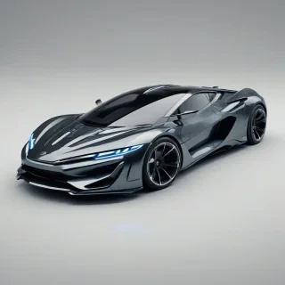 A futuristic, sci-fi inspired, charcoal-colored car, with intricate details and a metallic sheen, on a plain white background, in a wide shot with the entire car visible, created in a digital art style with bold lines and vibrant textures, on a plain white background, even lighting