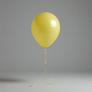 a single, inflated, yellow balloon, nothing else in image, on a plain white background, even lighting