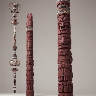 A maroon-colored totem pole, tall and majestic, with intricate carvings of various animals and symbols, set against a plain white background, in a wide shot with the base of the pole visible, created in a digital art style with bold lines and vibrant colors, with a sense of industrial texture and grit