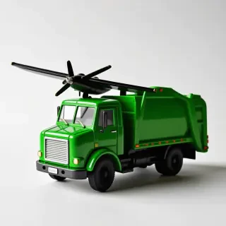 toy green trash truck with large sleek cessna style airplane wing sticking out from sides