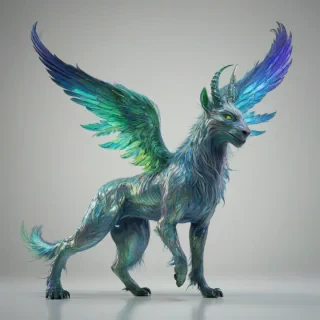 A detailed, full-body view of a mythical, fantasy creature, specifically a quadruped, with iridescent  fur that shimmer in hues of blue and green, standing on a plain white background, with its wings spread wide and its hooves visible, in a digital art style with vibrant colors and dynamic lighting, viewed from a wide-angle shot, on a plain white background, even lighting 