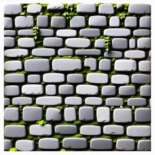 A cobble wall covered with patches of moss, lichen, and ivy