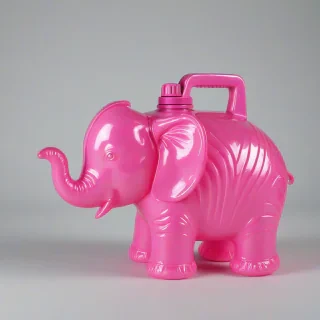plastic pink elephant shaped water can on a plain white background, even lighting