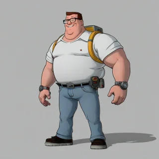 Hank Hill, a significantly overweight propane salesman from the cartoon King of the Hill, transformed into a mecha, wearing his signature white shirt and jeans, with a full-body view, wide shot, and a friendly smile, in a digital illustration style with bold lines and vibrant colors, on a plain white background, even lighting, with metallic and mechanical elements integrated into his body, such as visible armor plating, a large backpack, and glowing blue lines highlighting his circuits.