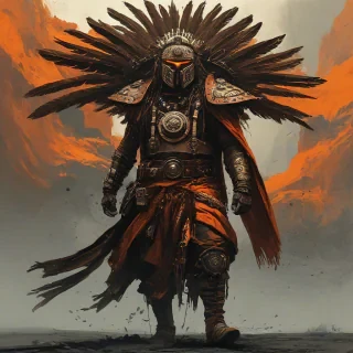 Digital art of a steampunk Aztec warrior wearing dramatically billowing robes, the warrior is walking towards the camera, his head is bowed down, deep orange black accent color, Michael Whelan and Jeremy Mann influenced art styles, intense mood