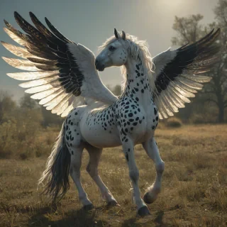 A full-body view of a majestic pegasus with a shiny black and white spotted coat and iridescent wings, set in a field, in a digital art style with vibrant colors and dynamic lighting, with the pegasus proudly standing with its wings spread wide