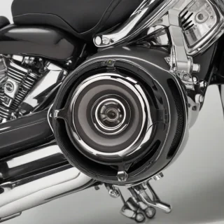 A detailed, full-body view of a Harley Davidson rear speaker pod, made of black leather and chrome, with a wide shot and feet visible, on a plain white background, in a photography style with dynamic shadows and backlight