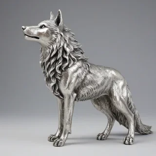 Renaissance style silver wolf, full-body view, on a plain white background