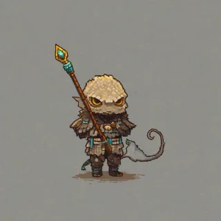 Chibi pixel art style, old sky creature holding a staff, on a plain white background, even lighting