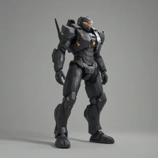 A full-body view of a charcoal-colored mech suit, with a contemporary design, standing on a plain white background, with a wide shot and feet visible, in a digital art style with dynamic shadows and a hard rim light, on a plain white background, even lighting