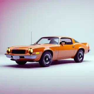 A full-body view of a tan, vintage, 1980s-style Chevrolet Camaro, with a sleek and shiny surface, set against a plain white background, in a wide shot, with the vehicle's wheels and headlights clearly visible, in a retro-futuristic vaporwave art style, with pastel colors and neon accents, and a dreamy, nostalgic atmosphere