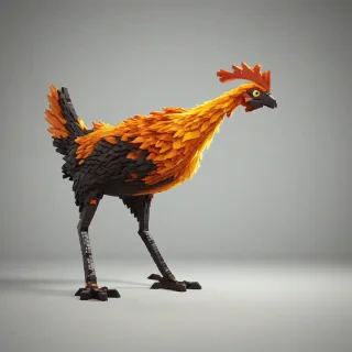 A Minecraft-style lava chicken, full-body view, with bright orange and yellow feathers, standing on a plain white background, with a wide-angle shot, dynamic shadows, and blocky textures, in a digital art style, on a plain white background, with a focus on the pixelated details