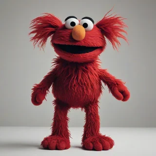 A full-body view of a Muppet character, Elmo, with red fur and big round eyes, sitting on a plain white background, with a wide-angle shot and soft, natural lighting, on a plain white background, even lighting