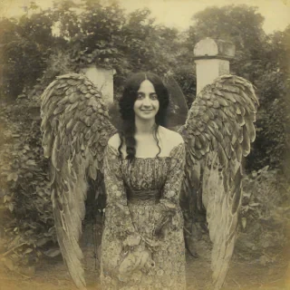 An old and distorted photograph of a woman with silky black hair and large eyes and large realistic angel wings growing from her back, she is smiling slightly as she poses for the photograph, the quality of the image is grainy and some parts of the image have black spots from damage, the background is a peaceful garden, the woman is wearing Victorian era clothing