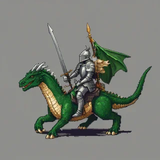 Pixel art of a knight in shining armor riding a green dragon