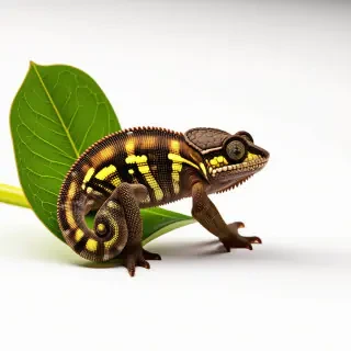 A small brown chameleon on a leaf