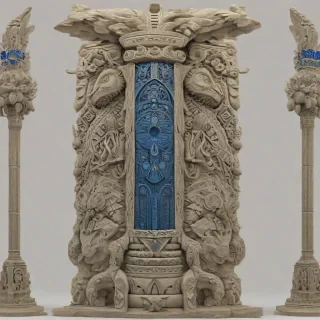 A majestic totem pole, carved with intricate medieval-inspired designs, set against a plain white background, with the entire pole visible from top to bottom, in a wide shot, with a sapphire blue hue dominating the color palette, and a sense of mysticism and ancient wisdom emanating from it, in a digital art style with subtle texture and depth, full-body view, feet visible, on a plain white background, on a plain white background, even lighting