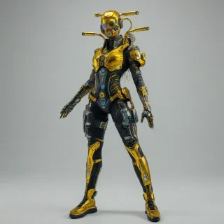 A full-body view of a futuristic biopunk character, primarily colored in various shades of goldenrod, with metallic accents and neon lights, set against a plain white background, in a wide shot, with intricate details on the costume's texture and design,  cyberpunk style, bright lighting, on a plain white background, even lighting