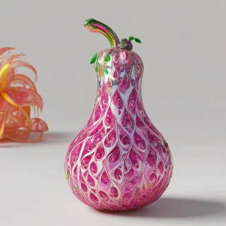 A vibrant, pink, fantasy fruit with intricate, swirling patterns and glittering, iridescent skin, sitting on a plain white background, full-body view, wide shot, with soft, warm lighting and dynamic shadows, in a digital art style with bold lines and bright colors, with the fruit's stem and leaves visible, on a plain white background, even lighting